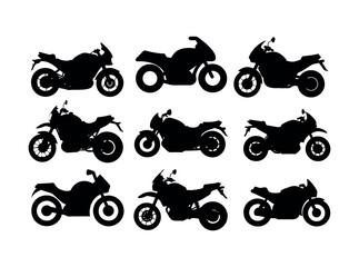 Simple Silhouette of a Motorcycle, Collection of Silhouetted Motorbike Designs, profile, side view, bike, motor, engine, racing, adventure, touring, sport, urban, Collection of Different Motorcycle Mo