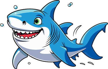 A funny blue cartoon shark, a vector illustration of a swimming sea animal with a fin and teeth