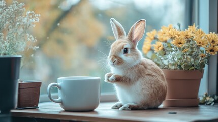 Fototapeta premium Cute rabbit near a window with flowers and a cup. Possible use Desktop wallpaper, social media post, children's book illustration
