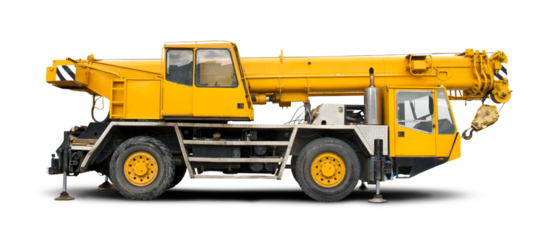 Yellow mobile crane truck side view isolated on transparent background. PNG