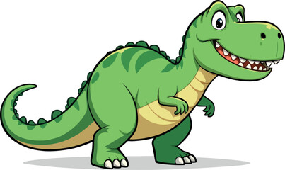 A cute green cartoon vector illustration shows a happy Tyrannosaurus Rex dinosaur character