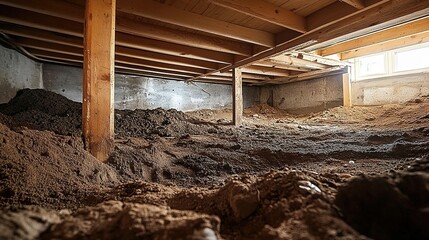 A crawlspace with wooden beams, muddy floor, and water-damaged columns.