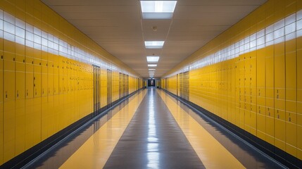 Bright Yellow School Corridor with Modern Interior Design.