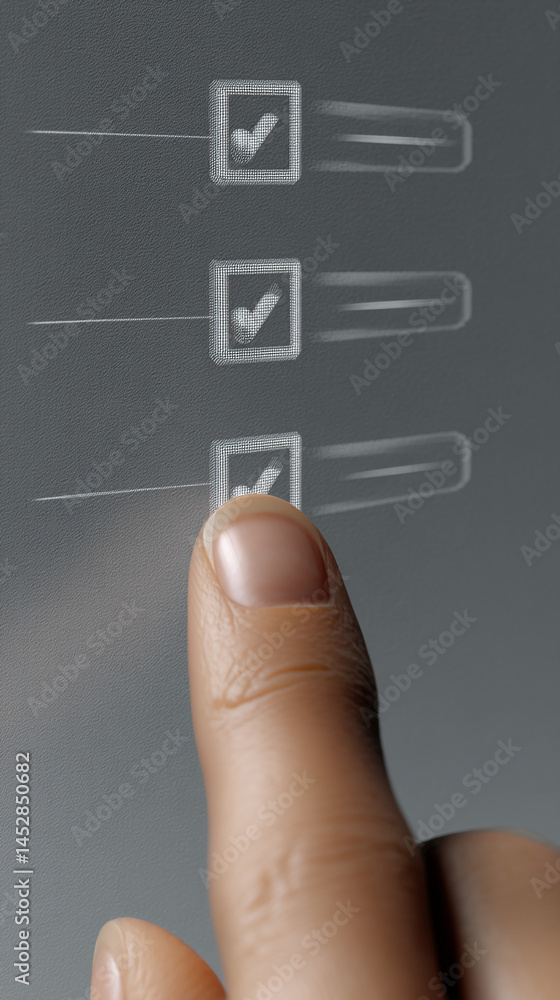 Poster close-up of finger interacting with digital checklist interface, showing checkmarks in boxes, symbol