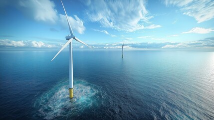 Impressive offshore wind farm with white turbines under blue skies and over blue waters, harnessing nature's power for a sustainable future