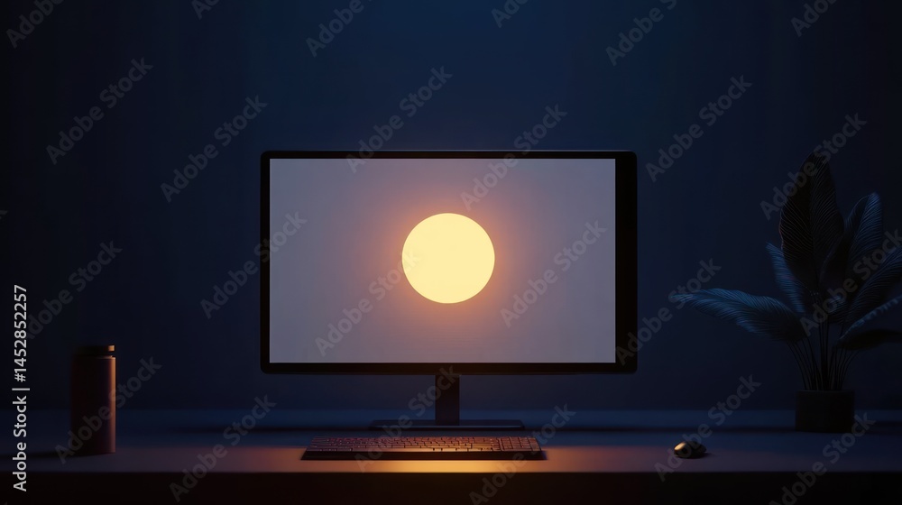 Poster night workspace minimalist desktop setup with glowing circle on screen