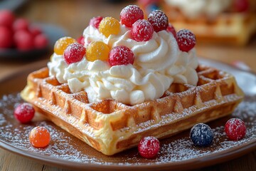 
Waffles with cream and chocolate hearts for Valentine's Day: waffles covered in cream with chocolate hearts and red berries for a romantic holiday mood.

