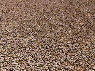 Detailed view of cracked, dry soil at the bottom of the Doma&scaron;a reservoir in Slovakia, illustrating the severe effects of drought and climate change on the environment.