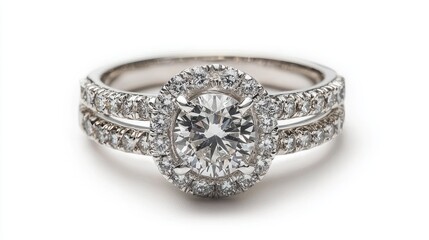 Elegant diamond ring with double halo setting.