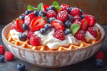 
Waffles with cream and chocolate hearts for Valentine's Day: waffles covered in cream with chocolate hearts and red berries for a romantic holiday mood.

