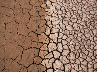 Transition between wet and dry cracked soil at the bottom of the Domaša reservoir in Slovakia, illustrating the drying process and effects of drought and climate change.