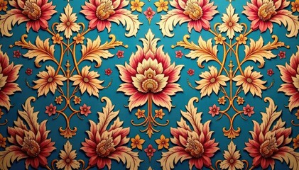 Intricate floral damask textile, faded elegance, textile, worn pattern