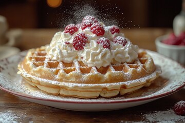 
Waffles with cream and chocolate hearts for Valentine's Day: waffles covered in cream with chocolate hearts and red berries for a romantic holiday mood.

