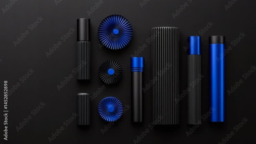 Poster modern abstract composition of cylindrical and circular objects in blue and black on dark background