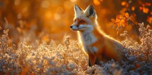 Fox Observing Its Surroundings Enchanted Forest Wildlife Photography Autumn Glow Side View Nature's Beauty, With copy space