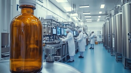 A large-scale pharmaceutical production workshop with an amber glass bottle in the foreground and workers in lab coats.