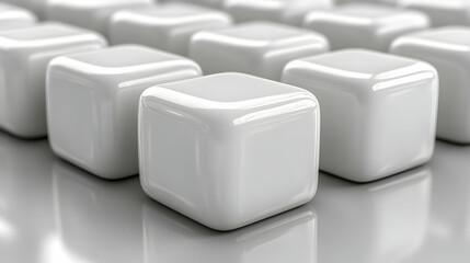 White Glossy Cubes Arranged in Rows on Reflective Surface