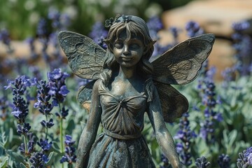 A serene fairy statue with delicate wings amidst blooming lavender plants