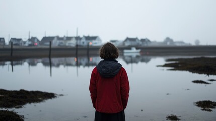 Fototapeta premium Red-coated figure stands on foggy waters edge, houses in background. Moody and contemplative
