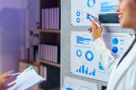 Medical researchers discussing new discoveries and analyzing medical research data with charts and diagrams