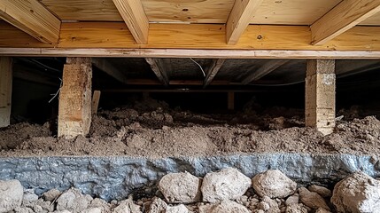 Crawl space with wooden floor joists, concrete pillar, rocks, soil, and plastic-covered soil bags.