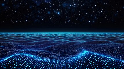 Abstract digital ocean under a starry sky