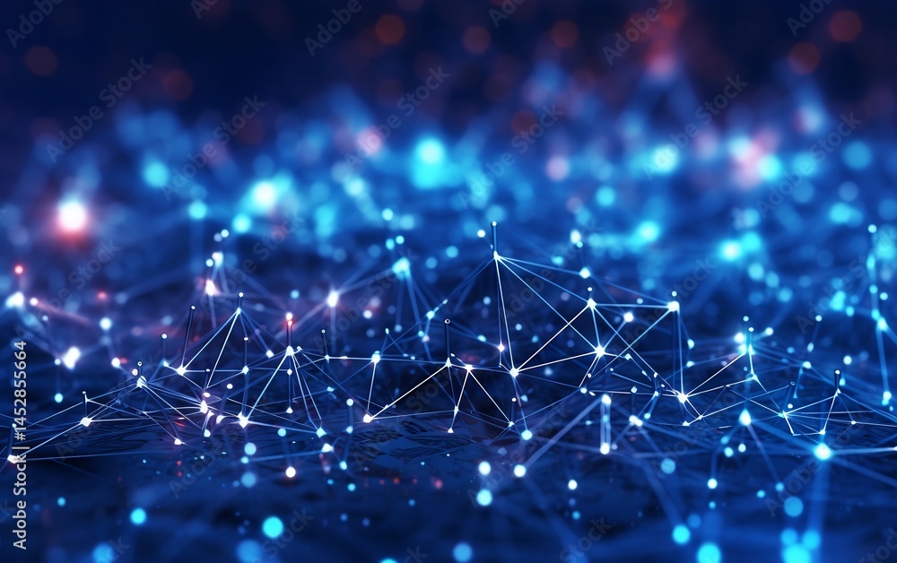 Poster abstract network connections with glowing nodes on a dark blue background