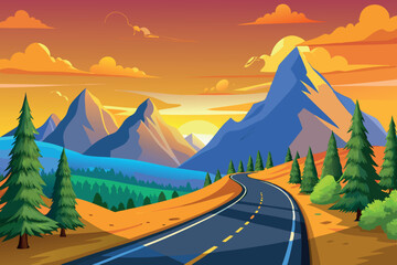 winding mountain road with vibrant orange sunset sky and pine trees, perfect for outdoor adventure and nature lovers