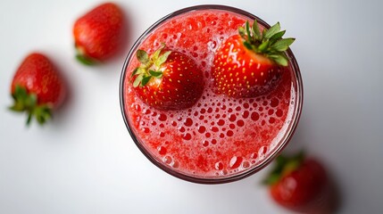 Strawberry cocktail from top view, isolated on white background