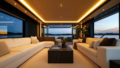Luxurious yacht interior featuring sofas, coffee table and tranquil view