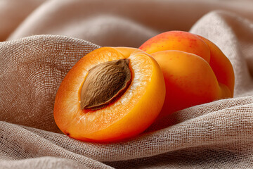 Apricot halves with seed on soft pastel cloth, top view