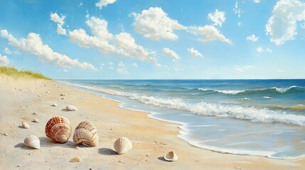 Tropical beach with various shells in sand, copyspace for text. Concept of summer relaxation