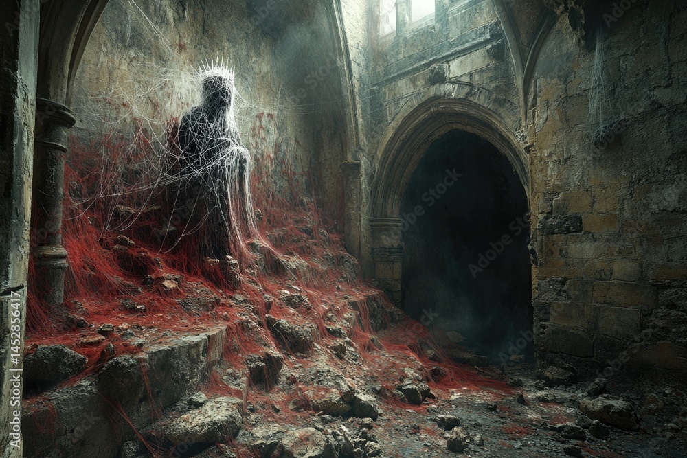 Poster a shadowy figure encased in webs within a dark stone structure