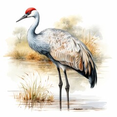 Fototapeta premium Graceful Crane Bird Wading in Serene Wetlands Nature Illustration Artistic View