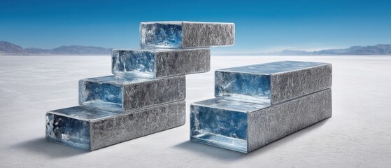 Conceptual ice block staircase against a vast salt flat landscape under a clear blue sky symbolizing progress and achievement in a minimalist and modern style