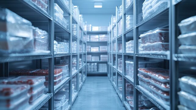 Walk-in industrial deep freezer interior. Frost covered shelves full of wrapped food containers in warehouse. Cold storage room for frozen food products, cool refrigerating chamber, food industry