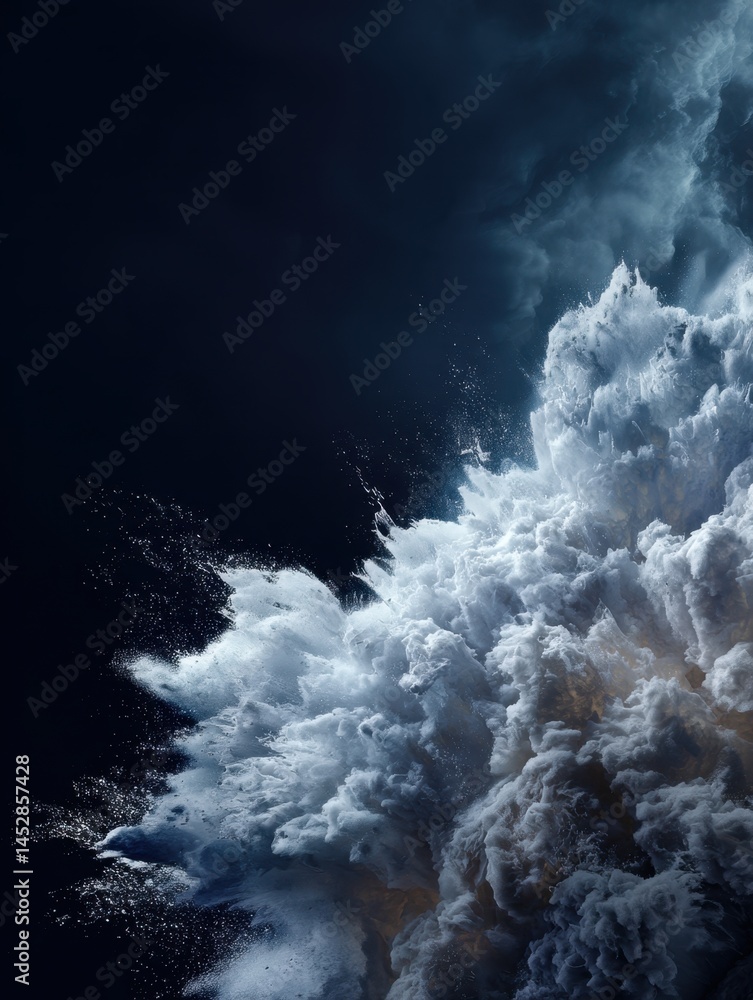 Poster dramatic ocean wave crashing against a dark background creating a powerful and dynamic visual with a