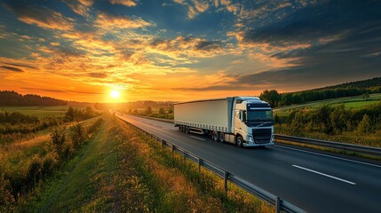 European truck vehicle on motorway with dramatic sunset light. Cargo transportation and supply theme.