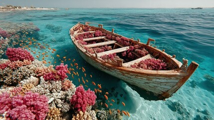 Obraz premium Wooden boat on coral reef