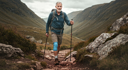 Senior man hiking with trekking poles on mountain trail. Active lifestyle and healthy aging concept for advertising, blog. Full shot.
