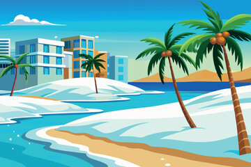 Winter meets tropical paradise with palm trees on a snowy beach, blending desert dunes and the ocean in a surreal coastal landscape