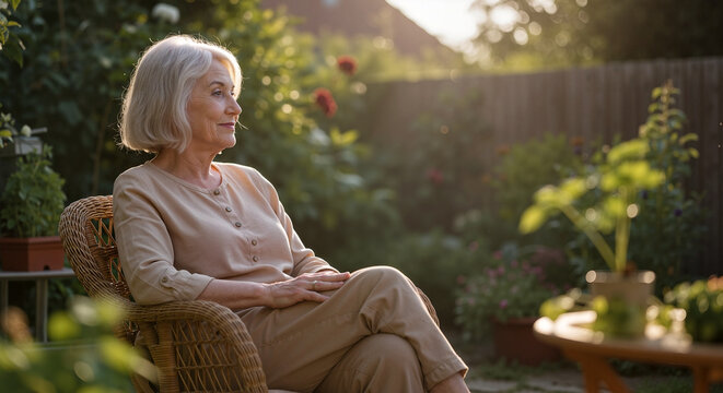 Senior woman relaxing in the garden, wearing casual clothes sitting in wicker chair during sunset. Retirement lifestyle concept. For website banner, poster, healthy aging advertising