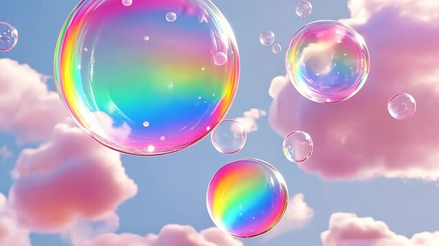 Colorful rainbow bubbles float gracefully against cotton candy clouds in a dreamlike sky