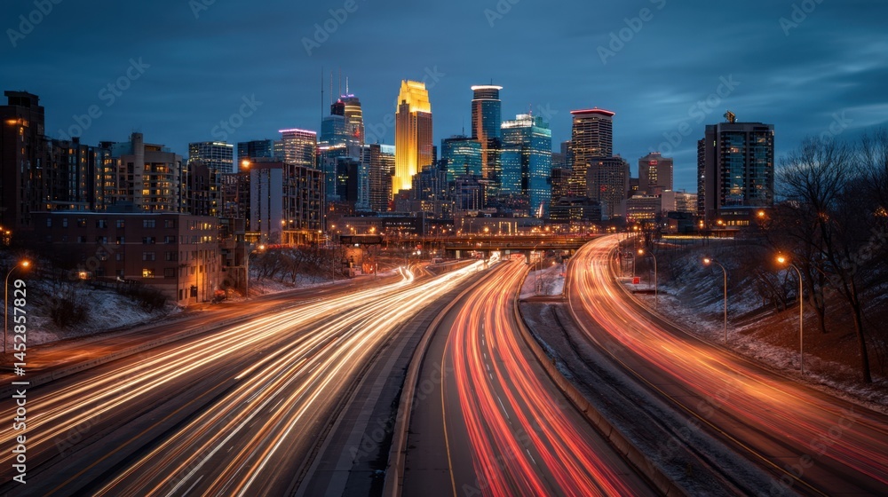 Poster minneapolis skyline at twilight with light trails from traffic creating a dynamic urban landscape sh