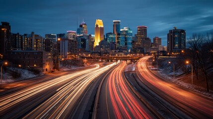 Obraz premium Minneapolis skyline at twilight with light trails from traffic creating a dynamic urban landscape showcasing modern architecture and vibrant city life in a captivating night scene
