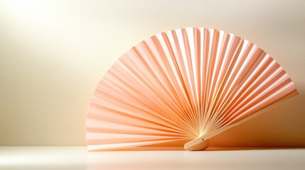 A graceful pastel fan leaning on a neutral textured surface, encapsulating elegance and tranquility in design while evoking feelings of calm and serene ambiance for viewers.