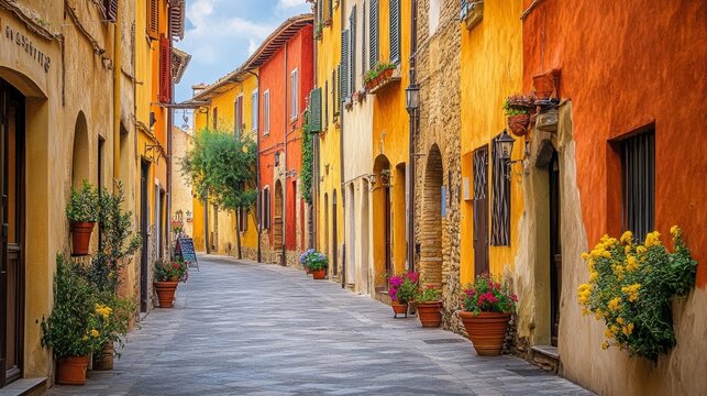 Fototapeta Colorful street in Pienza, Tuscany, Italy