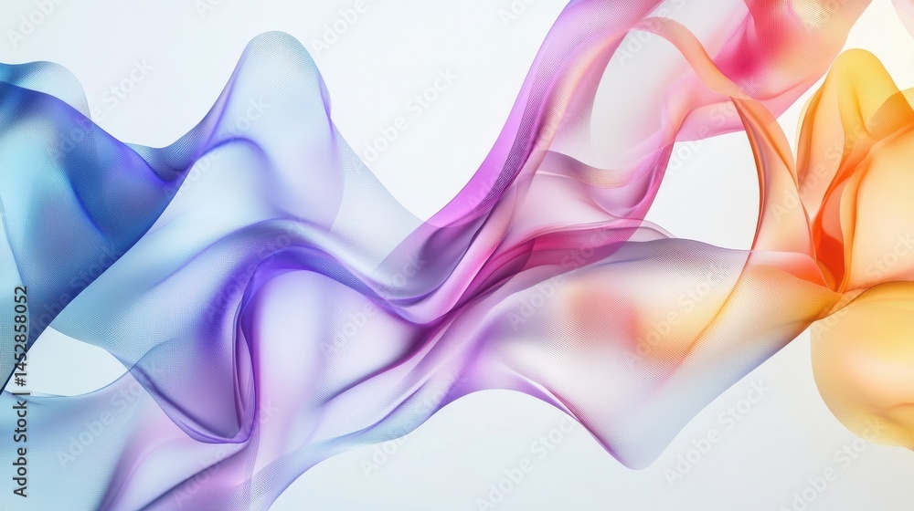 Poster colorful abstract waves of translucent ribbons overlapping on smooth white backdrop