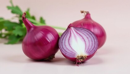 Two red onions, various angles, contrasting colors, clean backdrop , produce, glossy, details