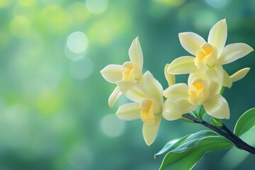 Fototapeta premium Close-up of blooming vanilla orchid flower on vine with fresh vanilla pods, tropical greenhouse background